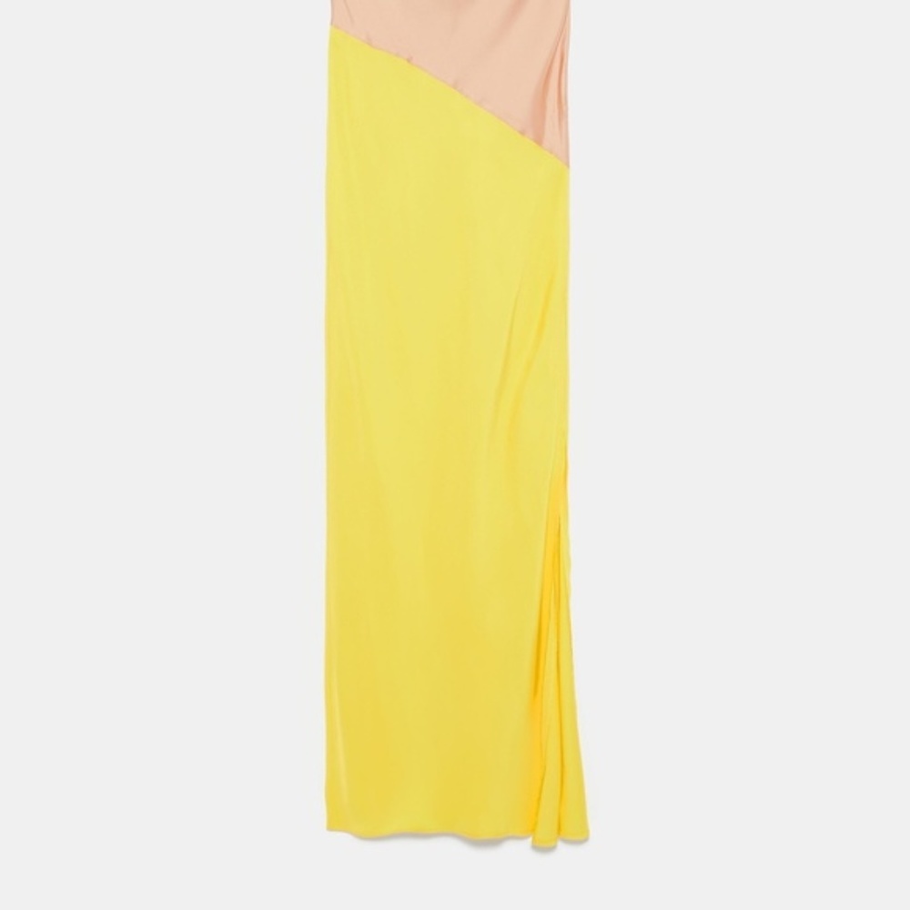 Zara Satin Effect Slit Yellow Nude Colorblock Slip Cami Midi Maxi Dress - Picture 8 of 15